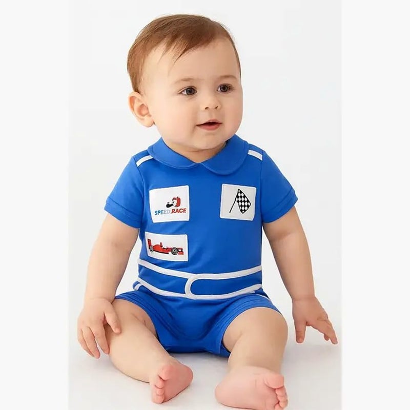 stylesilove Baby Boy Car Racer Romper - Cotton Short Sleeve Outfit for Birthday, Halloween, Toddler Clothes (Blue, 12-18 Months) - Image 2